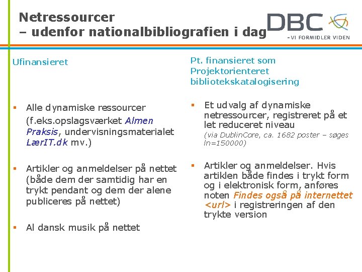 Netressourcer – udenfor nationalbibliografien i dag Ufinansieret Pt. finansieret som Projektorienteret bibliotekskatalogisering Alle dynamiske