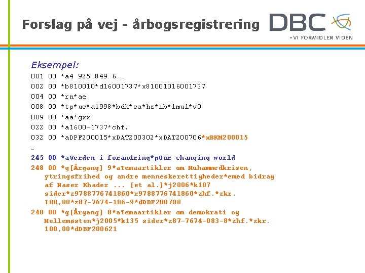 Forslag på vej - årbogsregistrering Eksempel: 001 002 004 008 009 022 032 …