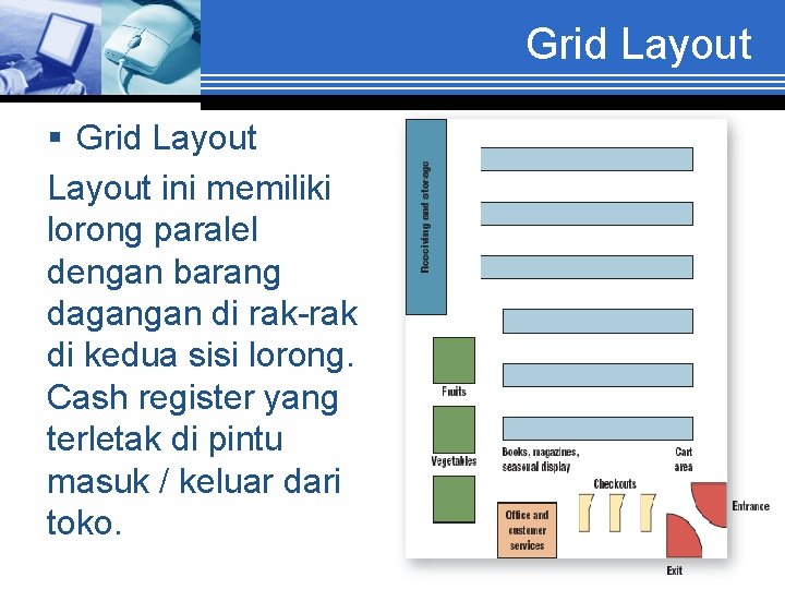 Grid Layout § Grid Layout ini memiliki lorong paralel dengan barang dagangan di rak-rak