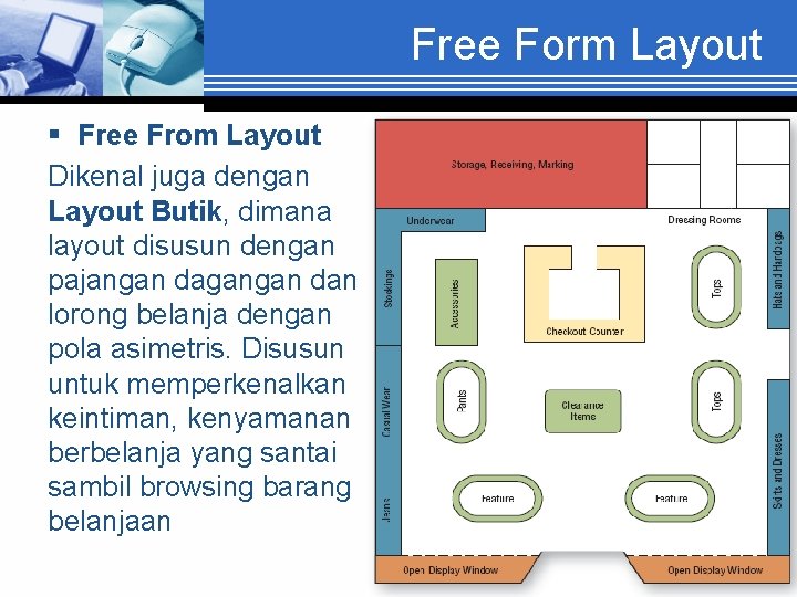 Free Form Layout § Free From Layout Dikenal juga dengan Layout Butik, dimana layout