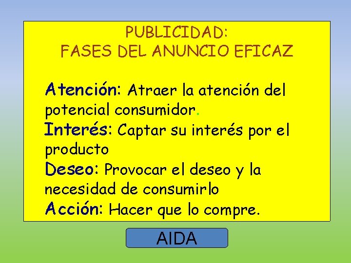 PUBLICIDAD: FASES DEL ANUNCIO EFICAZ Atención: Atraer la atención del potencial consumidor. Interés: Captar