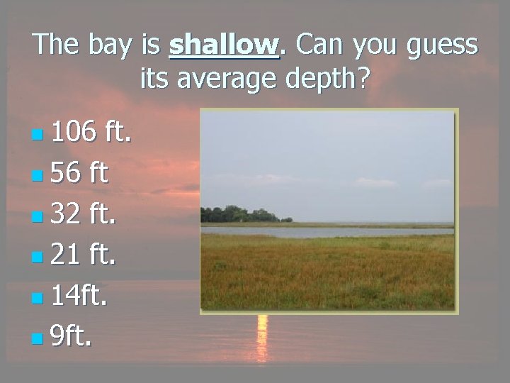 The bay is shallow. Can you guess its average depth? n 106 ft. n