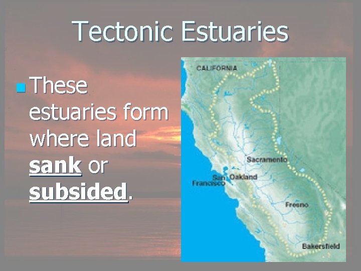 Tectonic Estuaries n These estuaries form where land sank or subsided. 