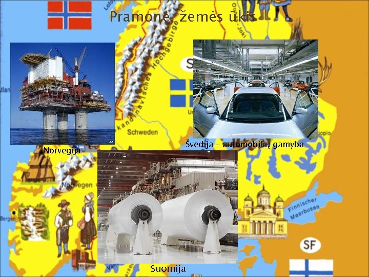 Pramonė, žemės ūkis Norvegija Švedija – automobilių gamyba Suomija 