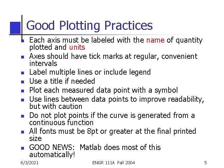 Good Plotting Practices n n n n n Each axis must be labeled with Good Plotting Practices n n n n n Each axis must be labeled with