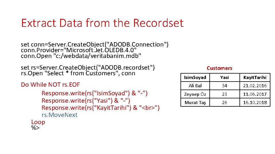 Extract Data from the Recordset conn=Server. Create. Object("ADODB. Connection") conn. Provider="Microsoft. Jet. OLEDB. 4.