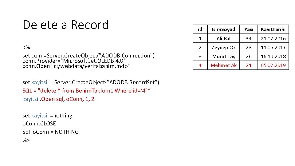 Delete a Record <% set conn=Server. Create. Object("ADODB. Connection") conn. Provider="Microsoft. Jet. OLEDB. 4.