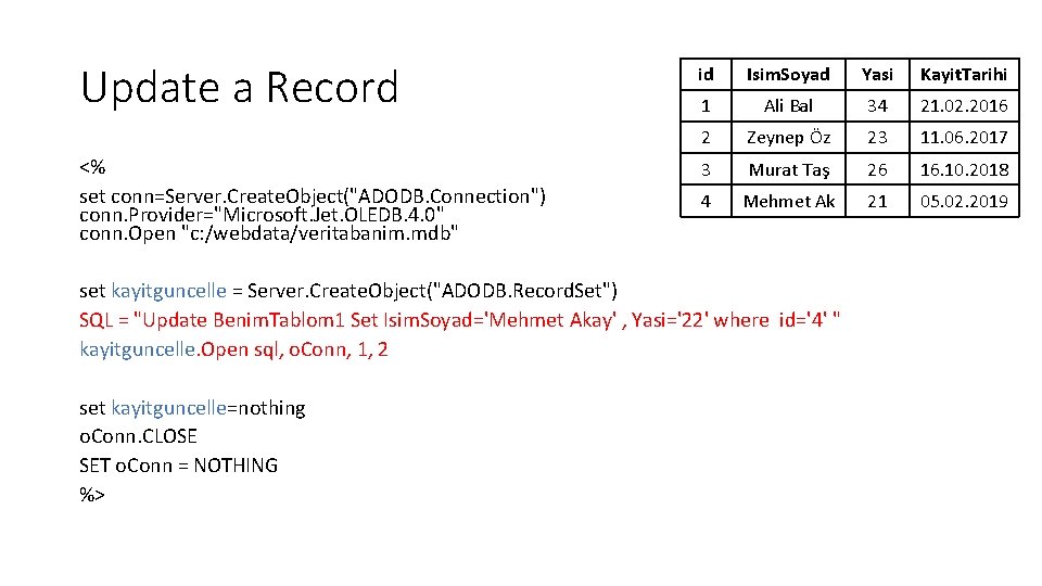 Update a Record <% set conn=Server. Create. Object("ADODB. Connection") conn. Provider="Microsoft. Jet. OLEDB. 4.