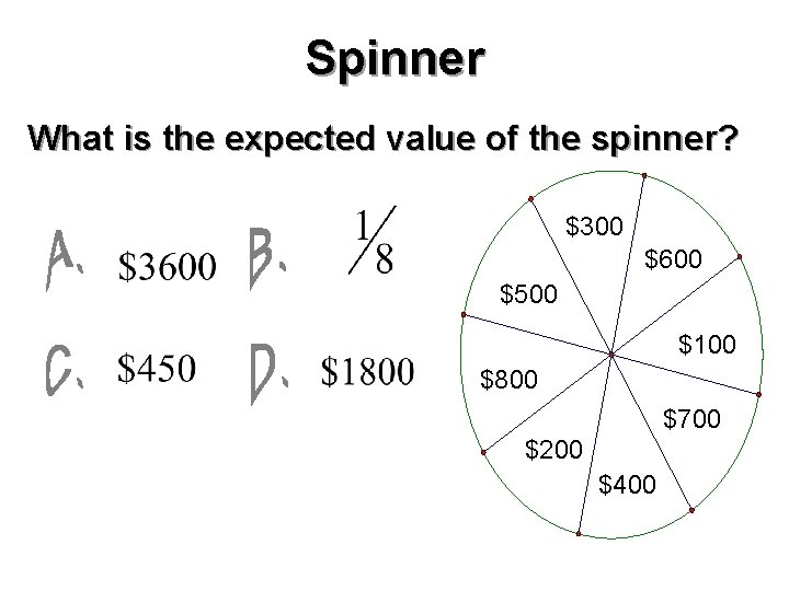 Spinner What is the expected value of the spinner? $300 $600 $500 $100 $800