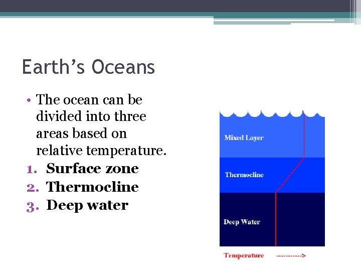 Earth’s Oceans • The ocean can be divided into three areas based on relative