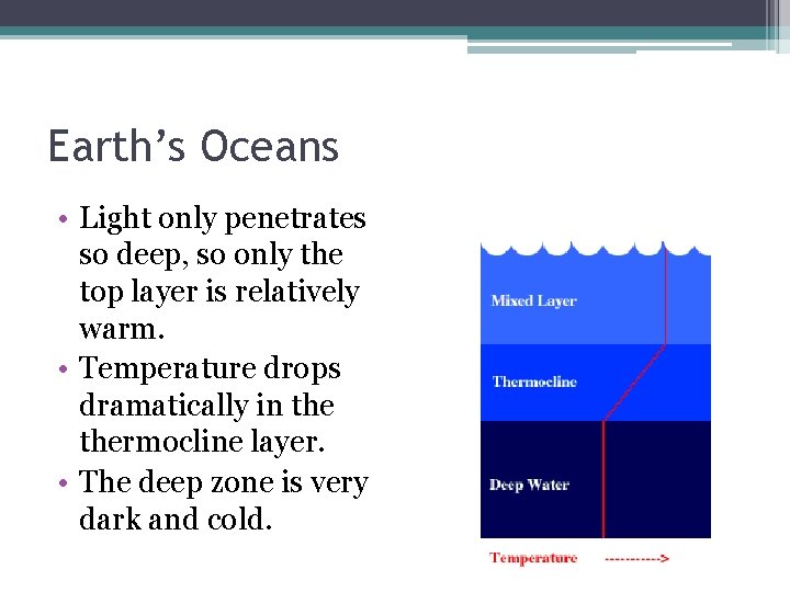 Earth’s Oceans • Light only penetrates so deep, so only the top layer is