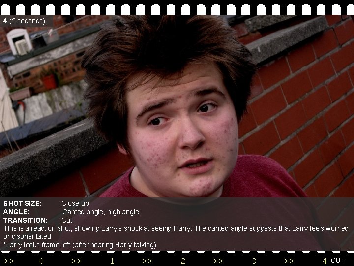 4 (2 seconds) SHOT SIZE: Close-up ANGLE: Canted angle, high angle TRANSITION: Cut This