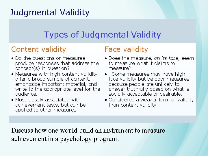 Judgmental Validity Types of Judgmental Validity Content validity Face validity • Do the questions