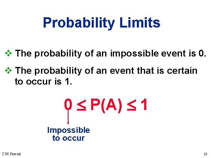 Probability Limits v The probability of an impossible event is 0. v The probability