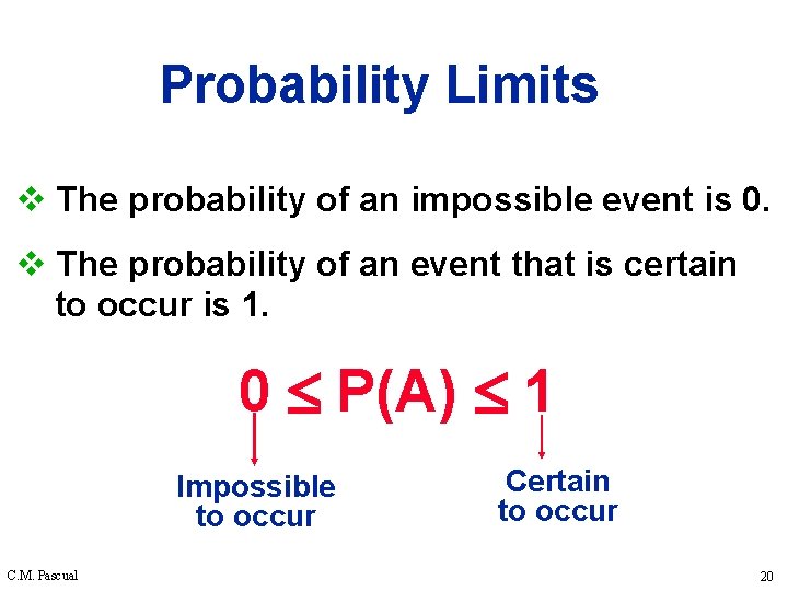 Probability Limits v The probability of an impossible event is 0. v The probability
