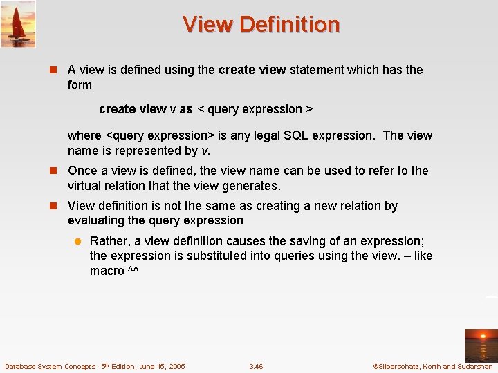 View Definition n A view is defined using the create view statement which has View Definition n A view is defined using the create view statement which has