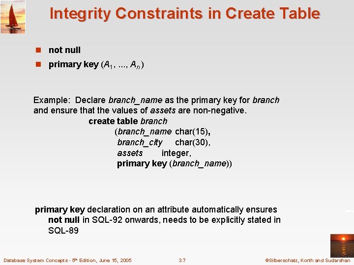 Integrity Constraints in Create Table n not null n primary key (A 1, . Integrity Constraints in Create Table n not null n primary key (A 1, .