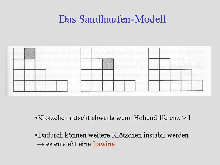 Das Sandhaufen-Modell • Klötzchen rutscht abwärts wenn Höhendifferenz > 1 • Dadurch können weitere