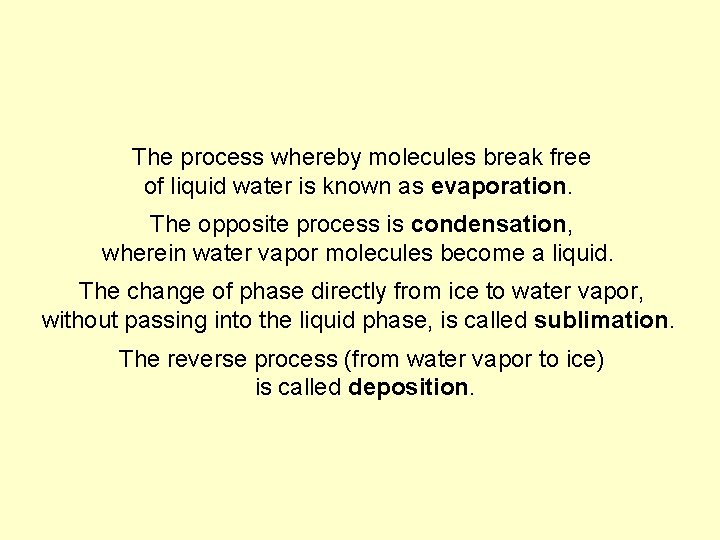 The process whereby molecules break free of liquid water is known as evaporation. The