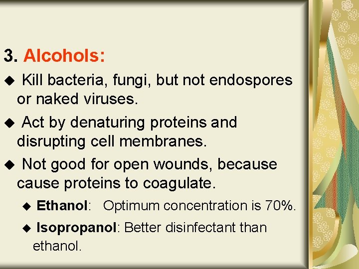 3. Alcohols: Kill bacteria, fungi, but not endospores or naked viruses. u Act by