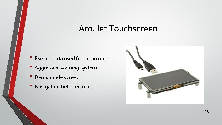 Amulet Touchscreen • Pseudo data used for demo mode • Aggressive warning system •