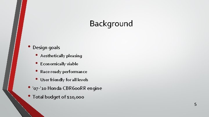 Background • Design goals • • Aesthetically pleasing Economically viable Race ready performance User