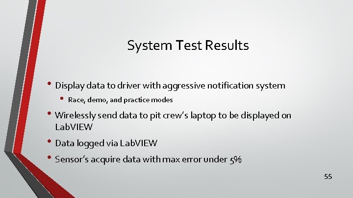System Test Results • Display data to driver with aggressive notification system • Race,