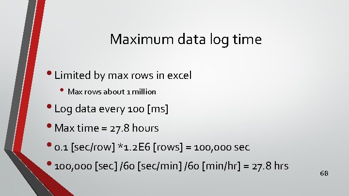 Maximum data log time • Limited by max rows in excel • Max rows