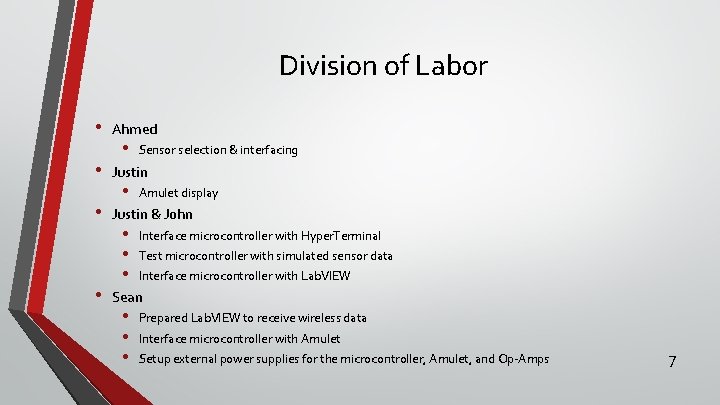 Division of Labor • • Ahmed • Sensor selection & interfacing Justin • Amulet