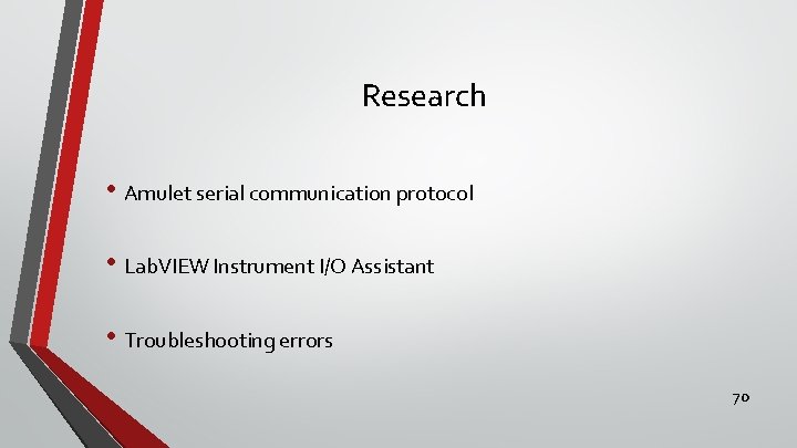 Research • Amulet serial communication protocol • Lab. VIEW Instrument I/O Assistant • Troubleshooting