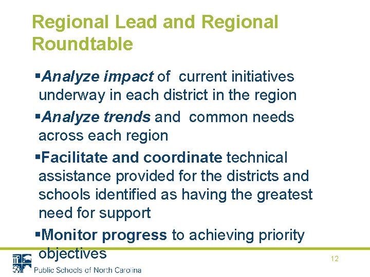 Regional Lead and Regional Roundtable §Analyze impact of current initiatives underway in each district