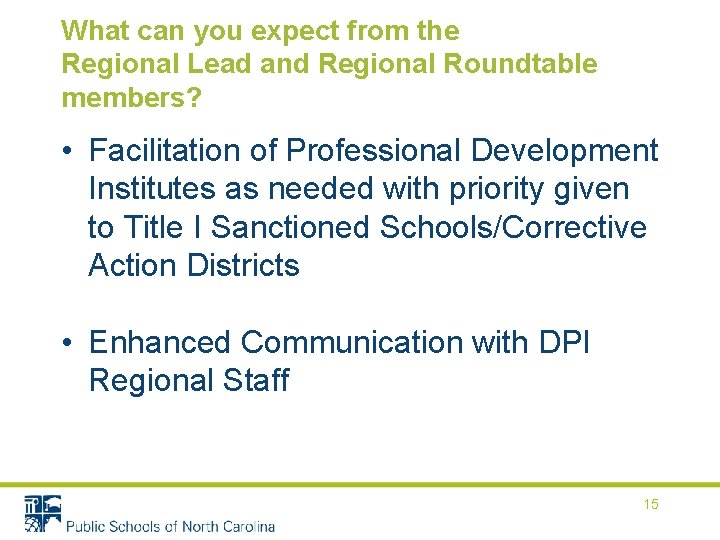 What can you expect from the Regional Lead and Regional Roundtable members? • Facilitation