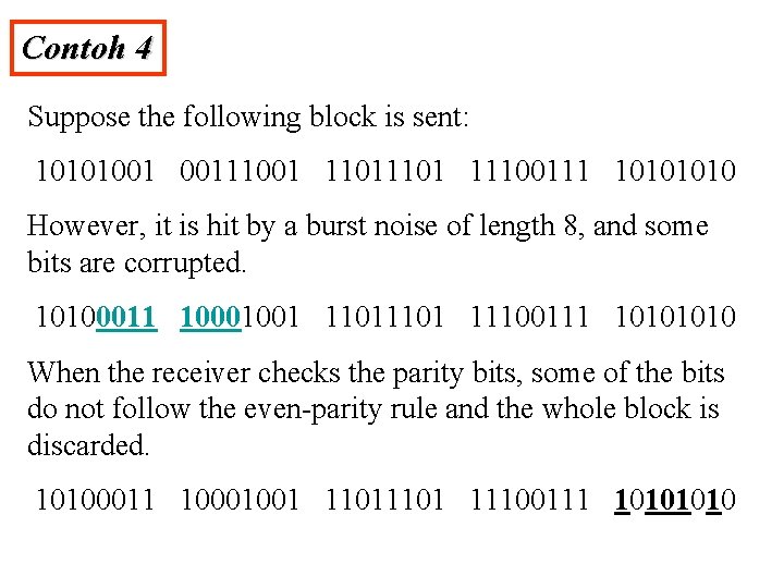 Contoh 4 Suppose the following block is sent: 10101001 00111001 1101 11100111 1010 However,