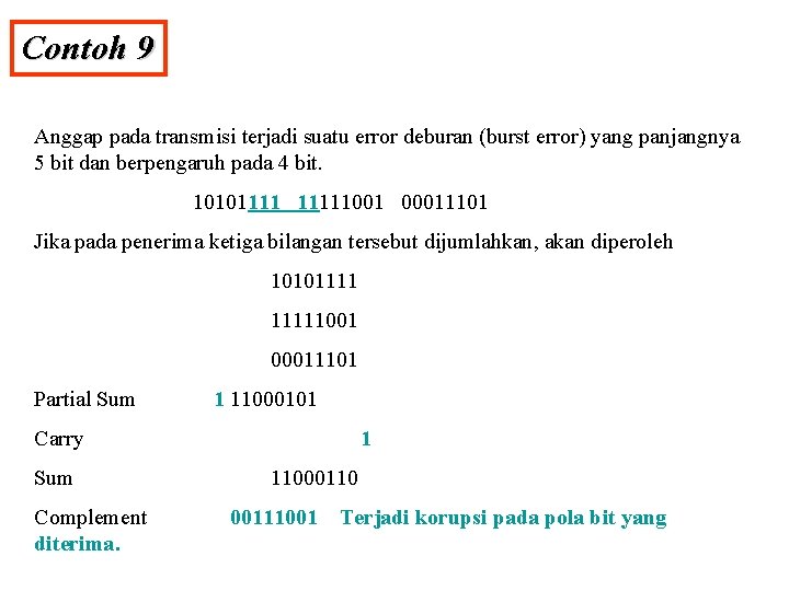 Contoh 9 Anggap pada transmisi terjadi suatu error deburan (burst error) yang panjangnya 5