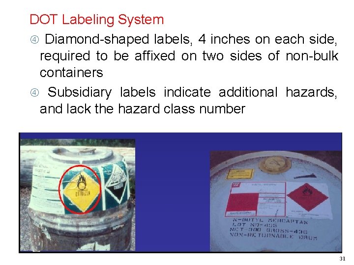 DOT Labeling System Diamond-shaped labels, 4 inches on each side, required to be affixed