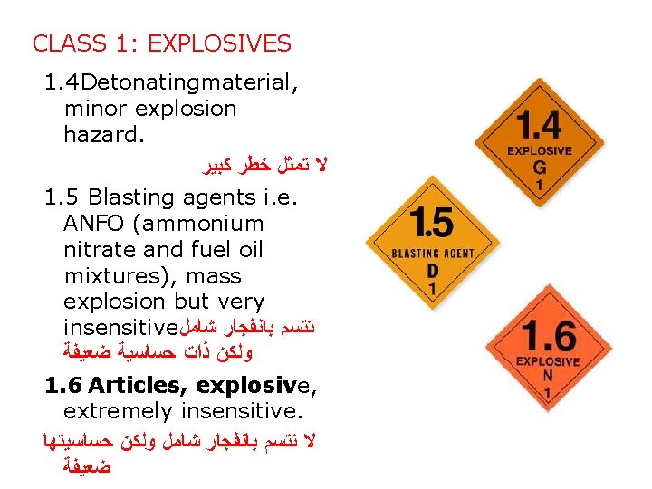 CLASS 1: EXPLOSIVES 1. 4 Detonatingmaterial, minor explosion hazard. ﻻ ﺗﻤﺜﻞ ﺧﻄﺮ ﻛﺒﻴﺮ 1.