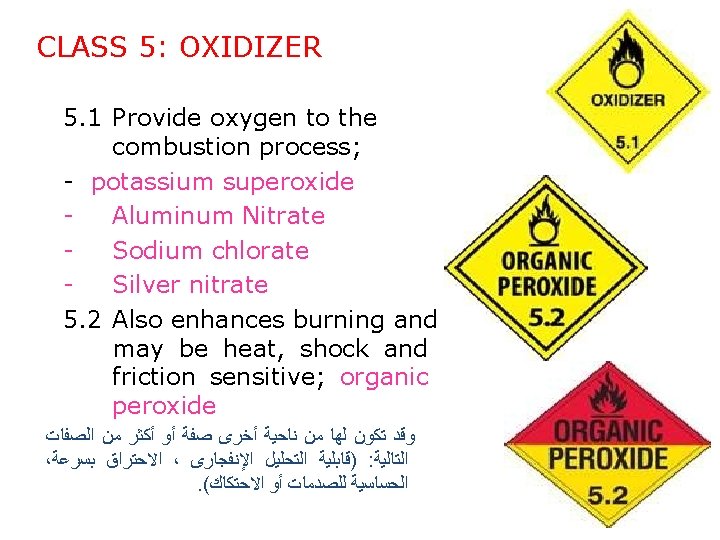 CLASS 5: OXIDIZER 5. 1 Provide oxygen to the combustion process; - potassium superoxide