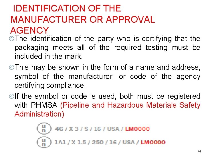 IDENTIFICATION OF THE MANUFACTURER OR APPROVAL AGENCY The identification of the party who is