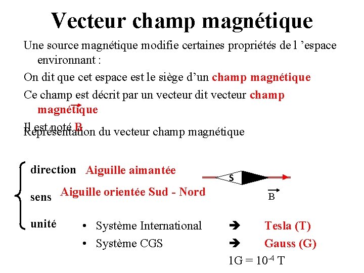 Vecteur champ magnétique Une source magnétique modifie certaines propriétés de l ’espace environnant :
