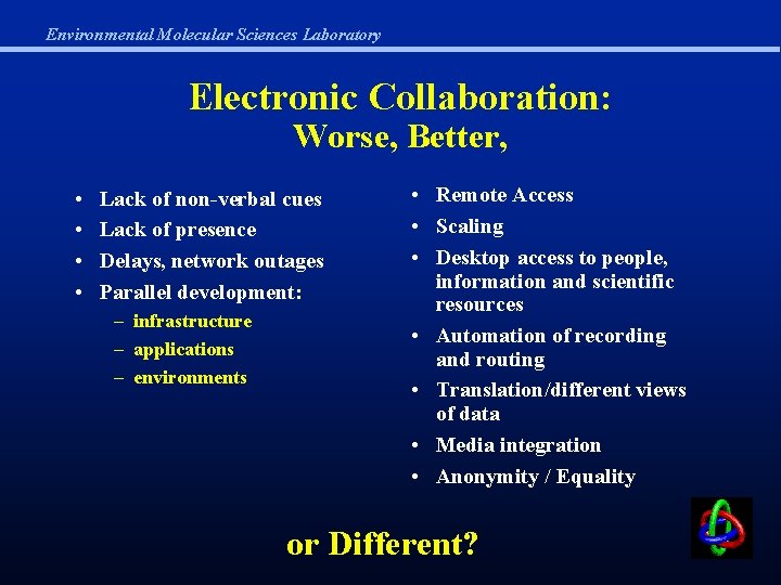 Environmental Molecular Sciences Laboratory Electronic Collaboration: Worse, Better, • • Lack of non-verbal cues