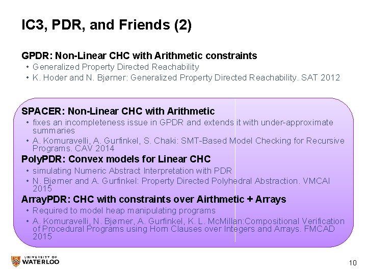 IC 3, PDR, and Friends (2) GPDR: Non-Linear CHC with Arithmetic constraints • Generalized