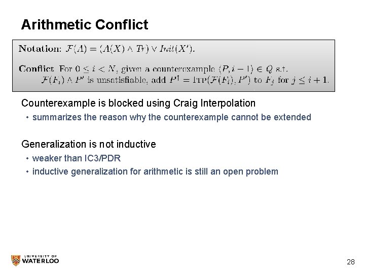 Arithmetic Conflict Counterexample is blocked using Craig Interpolation • summarizes the reason why the