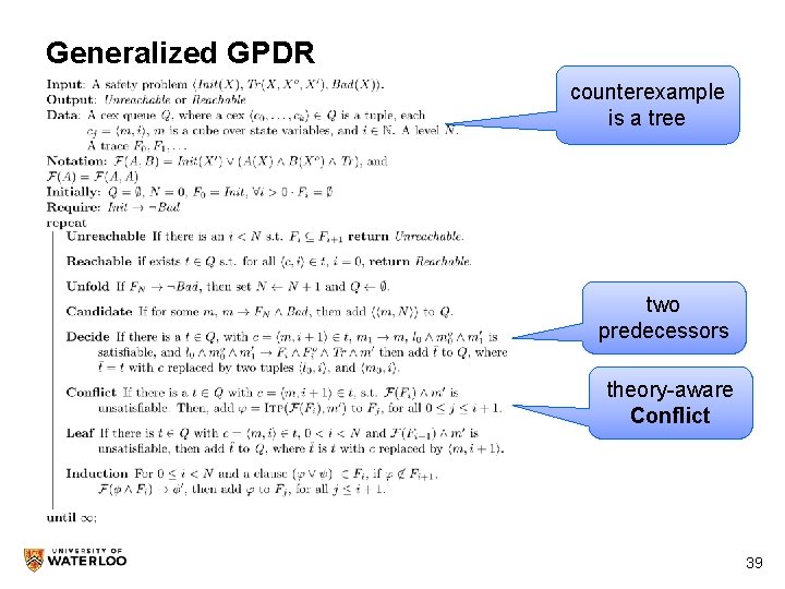 Generalized GPDR counterexample is a tree two predecessors theory-aware Conflict 39 39 