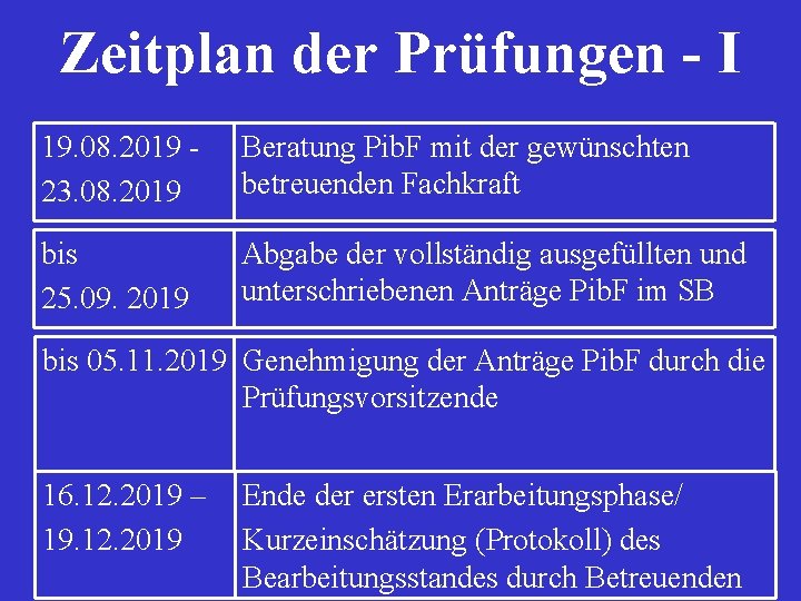 Zeitplan der Prüfungen - I 19. 08. 2019 23. 08. 2019 Beratung Pib. F