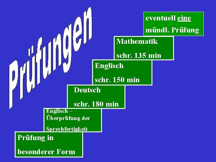 eventuell eine mündl. Prüfung Mathematik schr. 135 min Englisch schr. 150 min Deutsch schr.