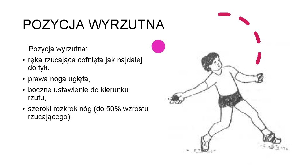 POZYCJA WYRZUTNA • • Pozycja wyrzutna: ręka rzucająca cofnięta jak najdalej do tyłu prawa