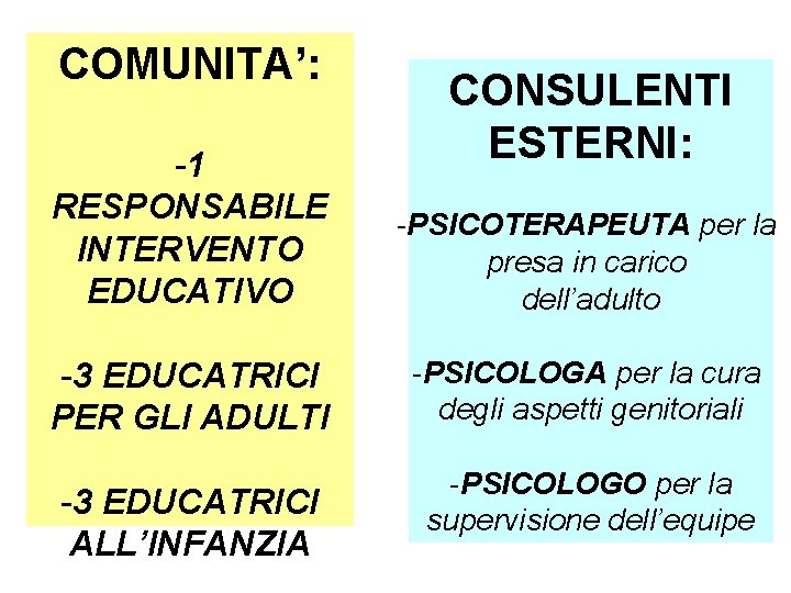 COMUNITA’: CONSULENTI ESTERNI: -1 RESPONSABILE INTERVENTO EDUCATIVO -PSICOTERAPEUTA per la presa in carico dell’adulto