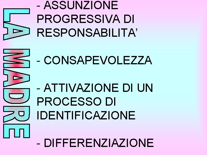 - ASSUNZIONE PROGRESSIVA DI RESPONSABILITA’ - CONSAPEVOLEZZA - ATTIVAZIONE DI UN PROCESSO DI IDENTIFICAZIONE