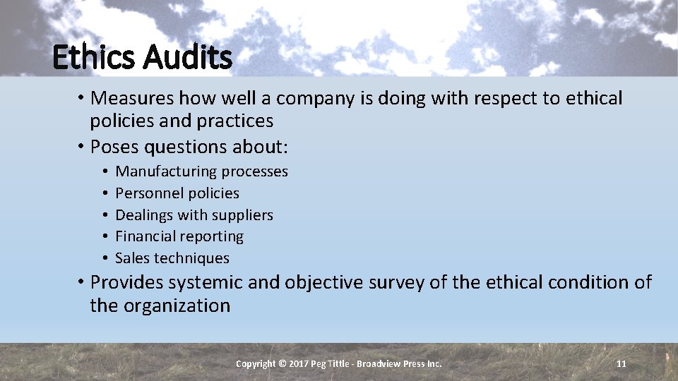 Ethics Audits • Measures how well a company is doing with respect to ethical