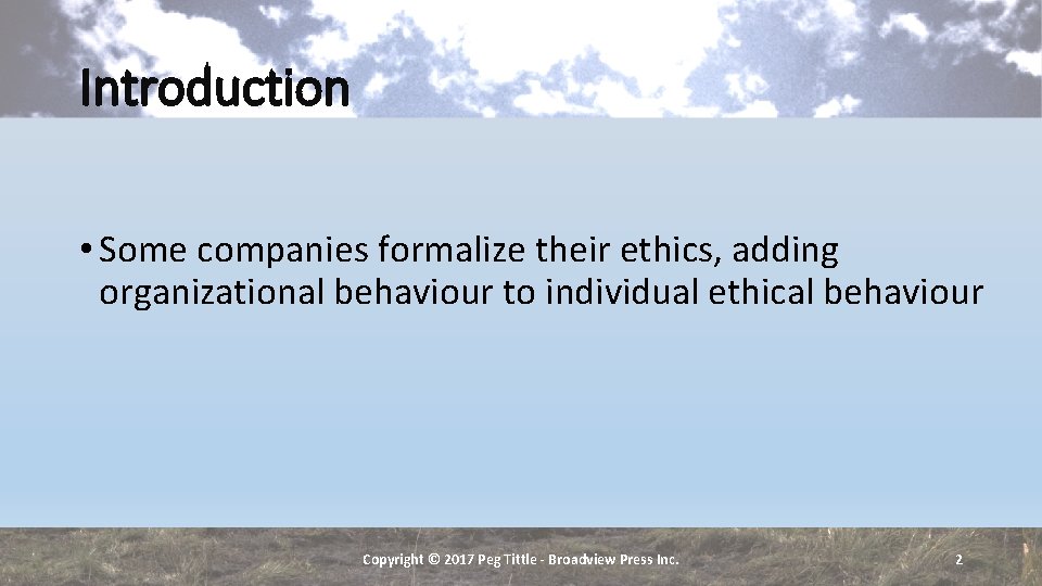 Introduction • Some companies formalize their ethics, adding organizational behaviour to individual ethical behaviour